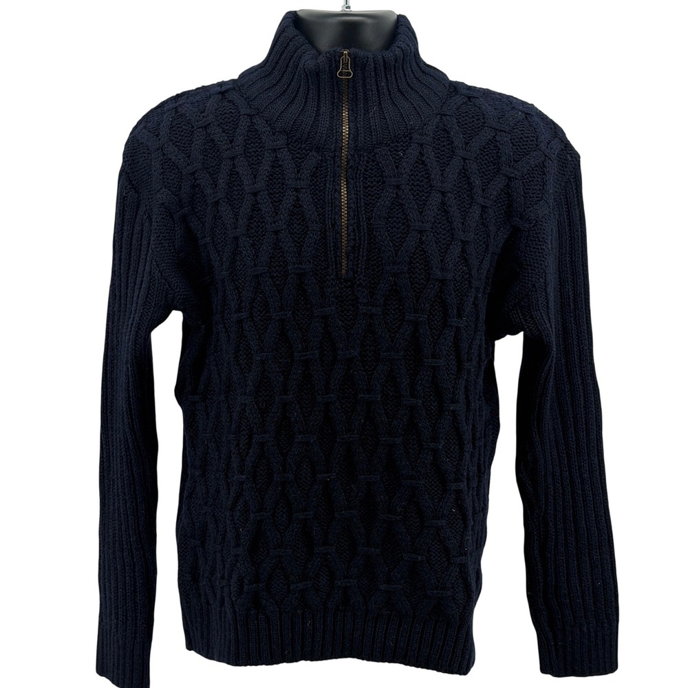 Peregrine Sweater Mens M Navy Blue 1/4 Zip 100% Wool Cable Knit Made in England